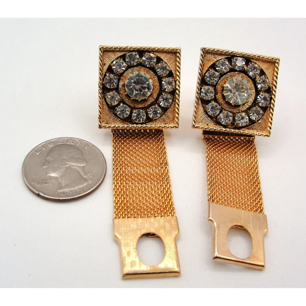 Vintage SWANK Gold Square Rhinestone Mesh Wrap Around Cufflinks Mid Century Glam